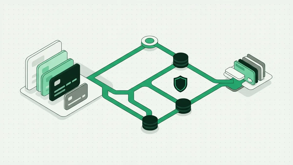 How a secure payment check flows Abstract payment route showing issuer, acquirer, and security checks through linked green nodes