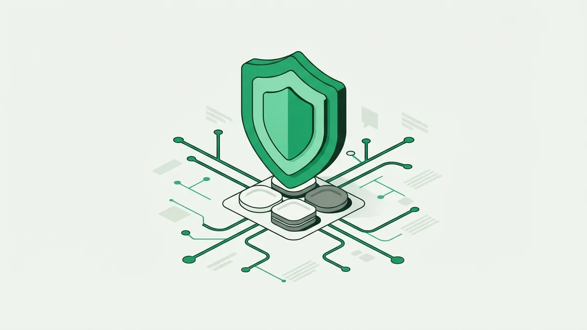 Layered security shield protecting online payment tokens in a calm green abstract scene