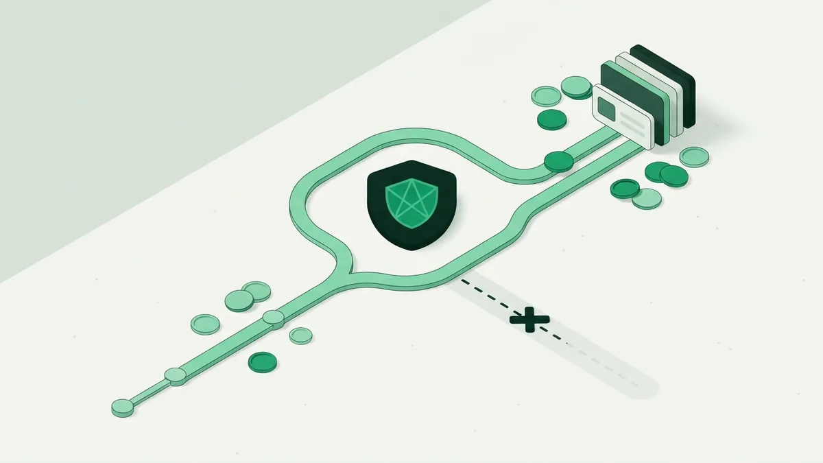 Payment authentication challenge path Abstract payment route with a blocked branch showing online authentication challenges