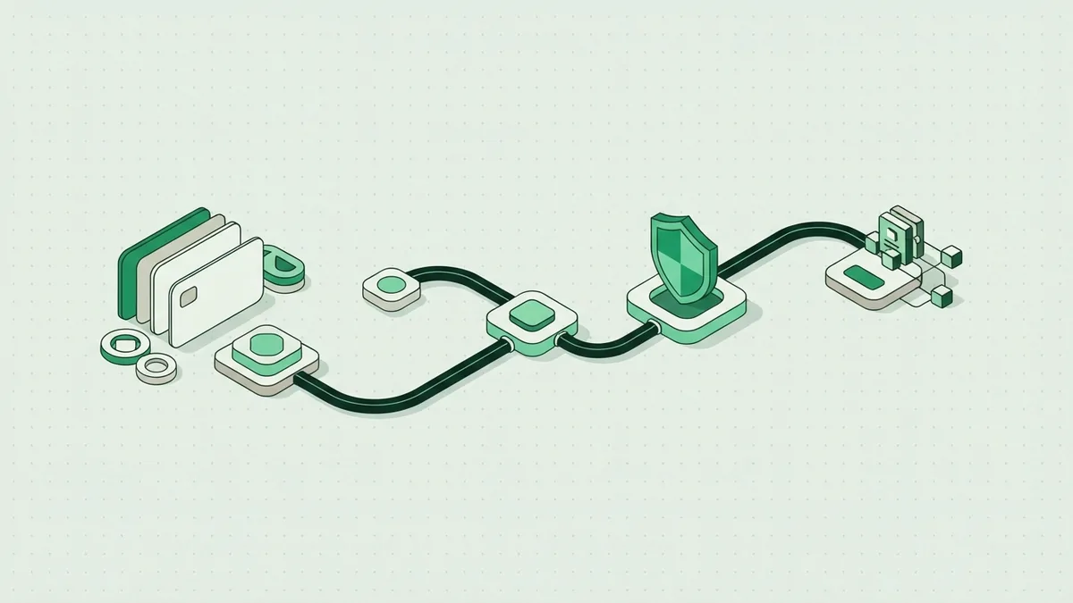 Secure e-commerce payment flow Abstract e-commerce payment flow with secure routing, layered cards, and linked green nodes