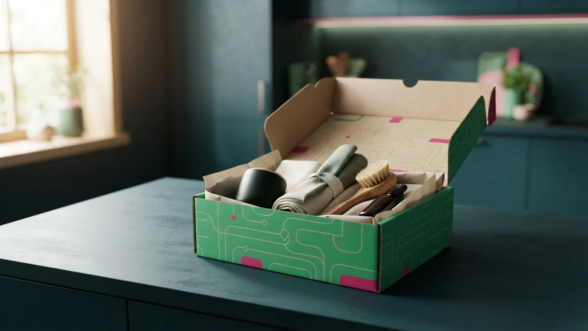 Customer receiving a curated subscription box with household goods at home