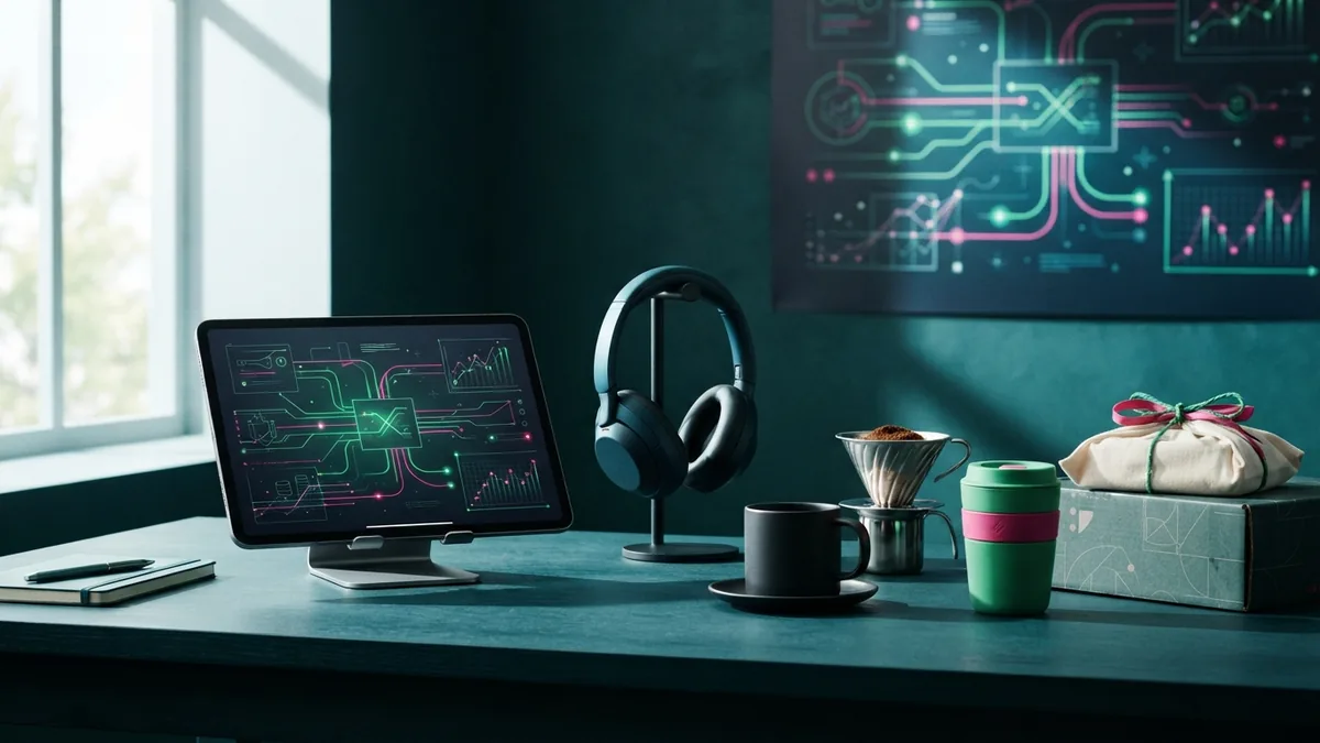 Digital service and physical delivery examples arranged on a modern workspace