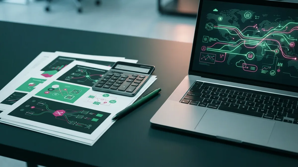 Analyst reviewing recurring revenue and churn figures on printed business reports