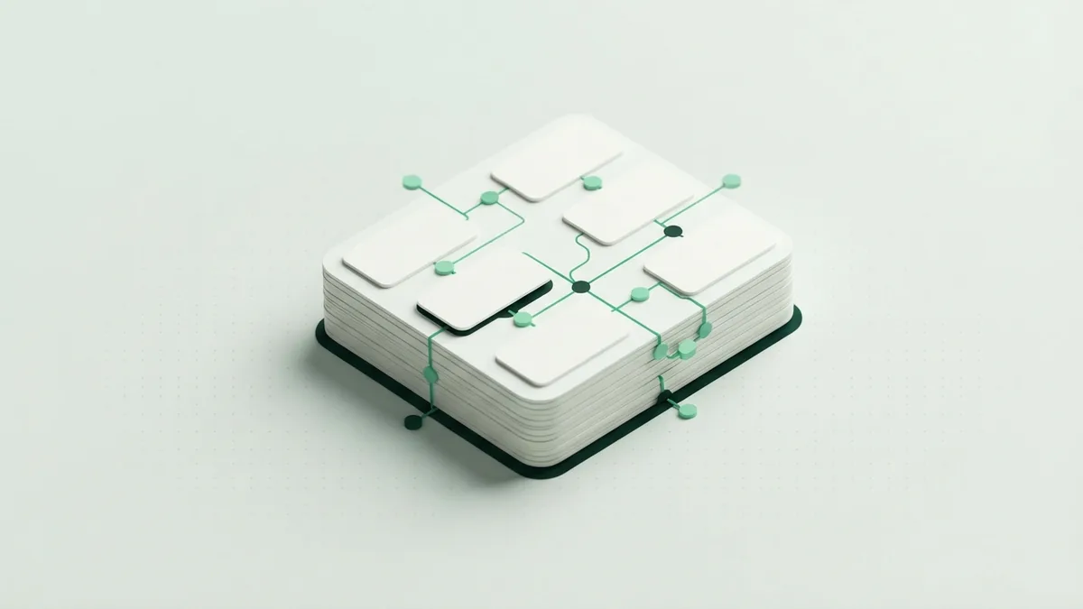 Organized abstract payment ledger with connected cards and green transfer tokens
