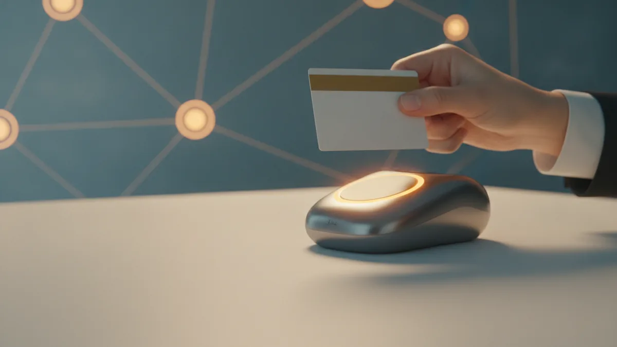 How money moves via ACH network Hand preparing to pay with a device while network routing is suggested in the background