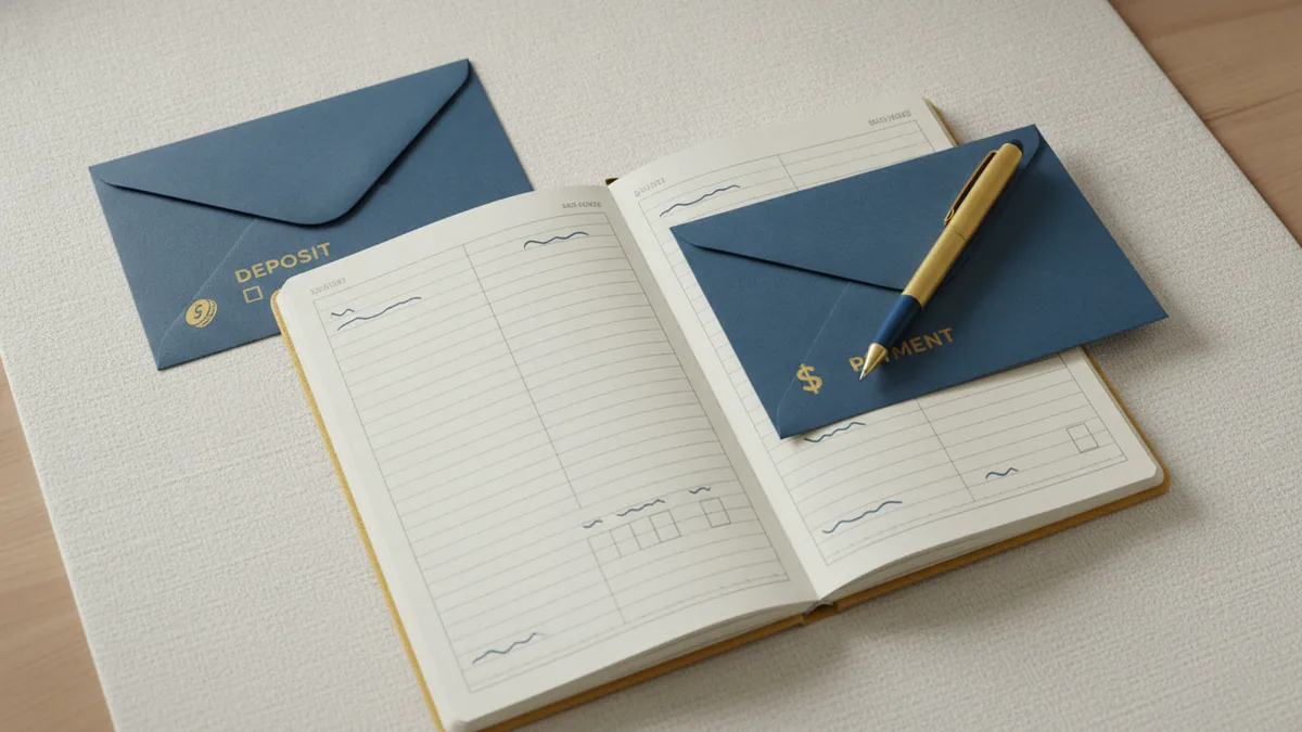 Top-down view of documents and a pen illustrating deposit versus payment directions