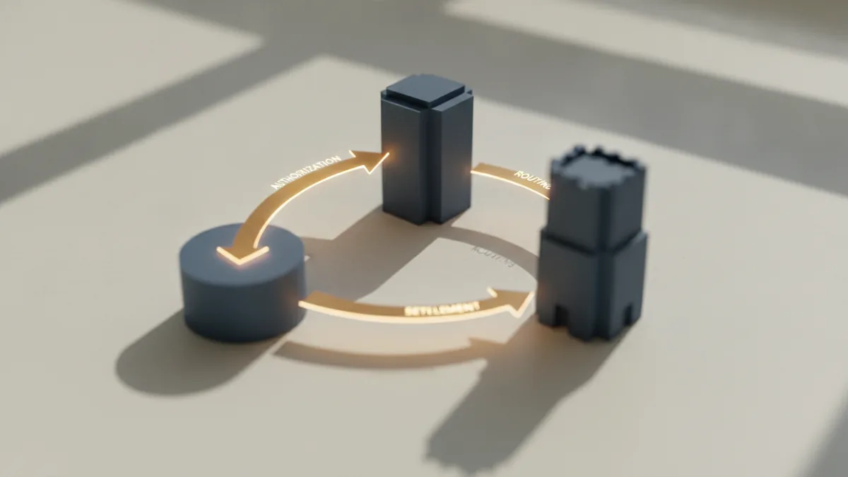 Authorization to settlement flow Connected banking locations illustrating authorization routing and settlement steps.