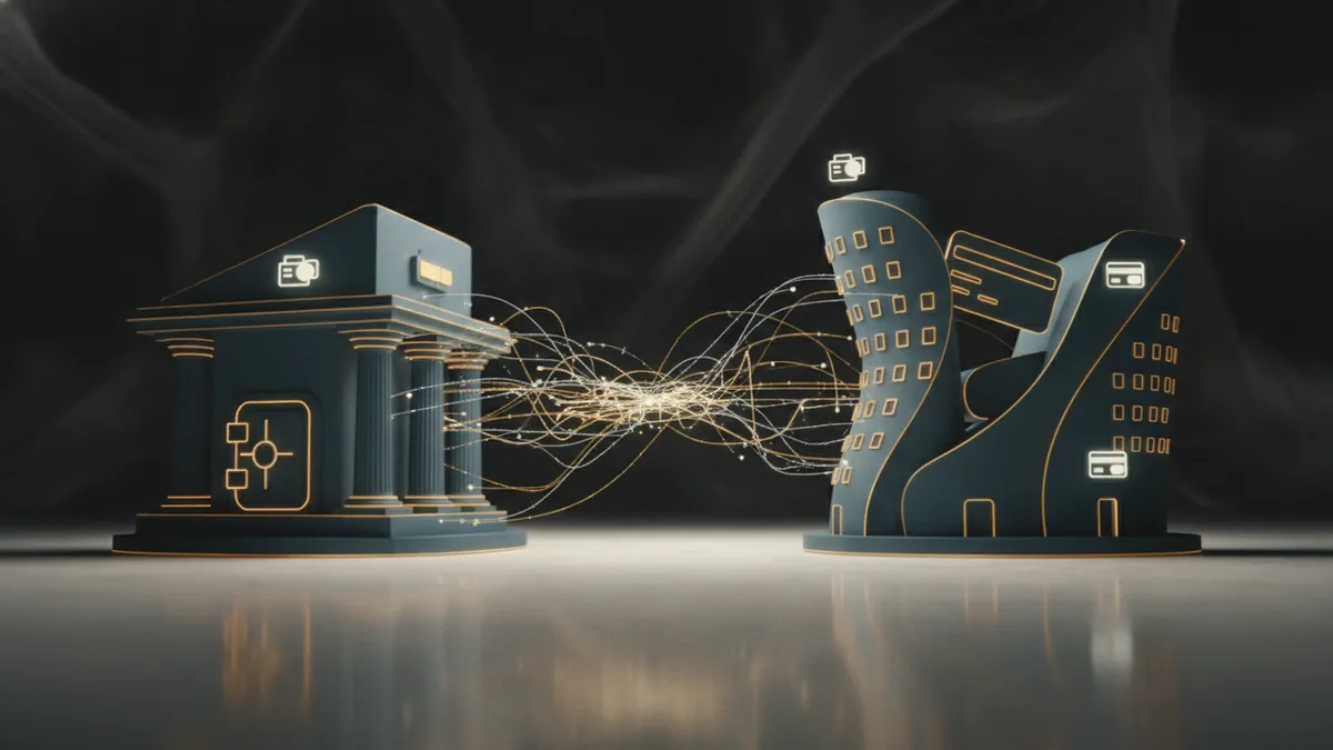 Two bank silhouettes connected by glowing light trails representing acquirer and issuer roles.