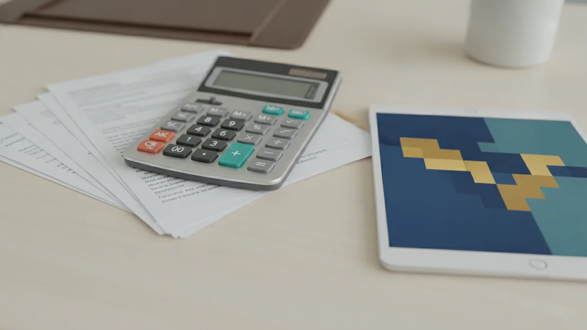 Fee breakdown concept shown with abstract colored components and financial tools.