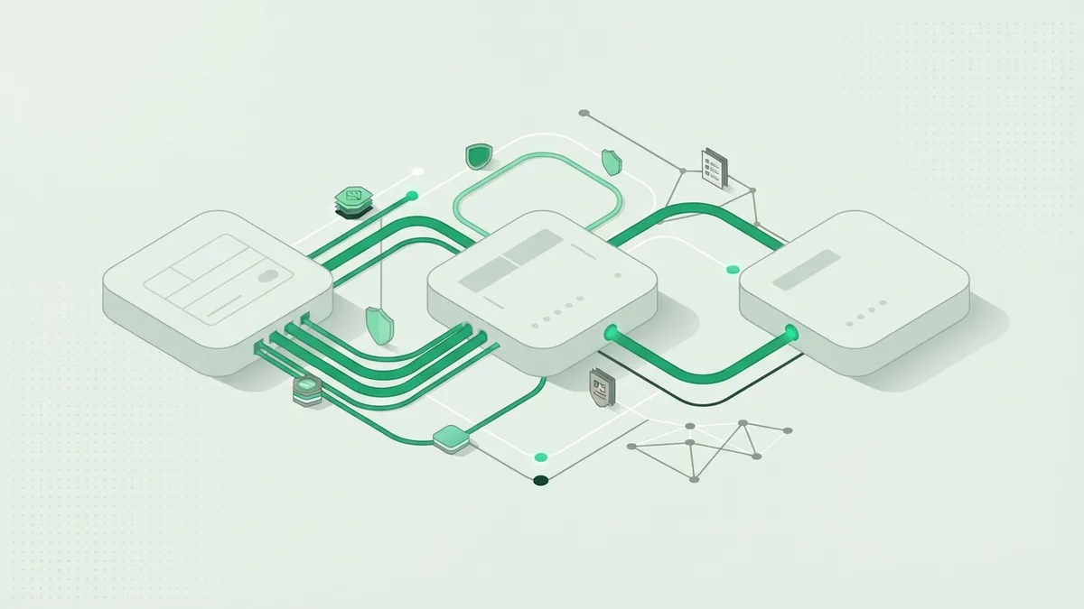 How a payment flow connects Abstract payment flow linking issuer, seller, and bank through green routing paths