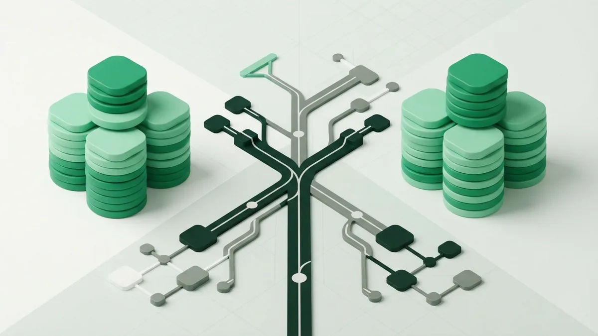 Balanced abstract green token stacks showing two payment card funding paths