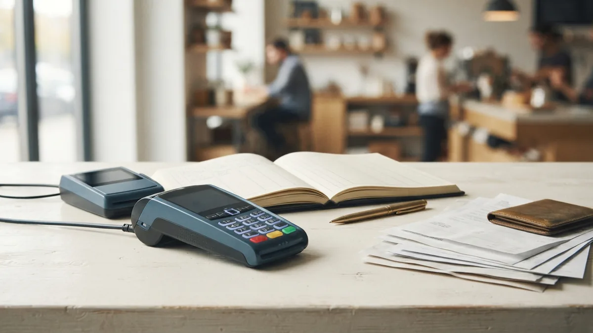 Merchant account and card payments Business payment account setup with a card reader, ledger, and bank documents on a desk