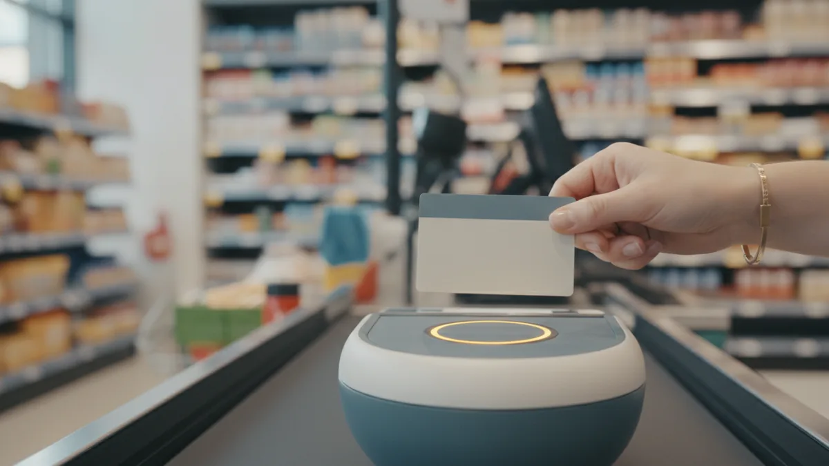 Spending that feels like credit Contactless payment setup with a card held near a terminal