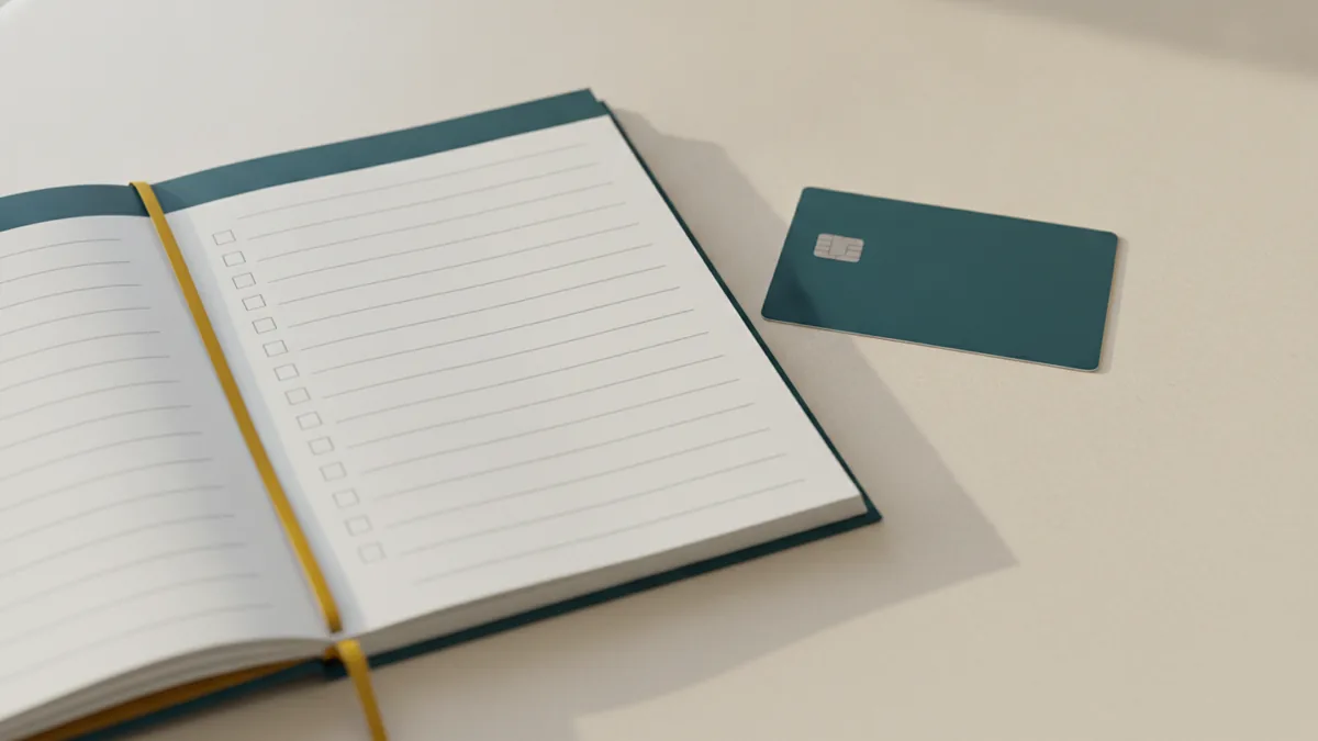 Compare credit reporting and fees Checklist notebook and debit card representing careful card comparison