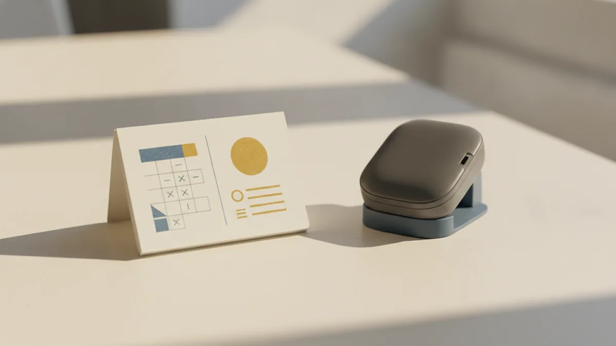 A planner with bill dates and a balance check setup alongside a card reader