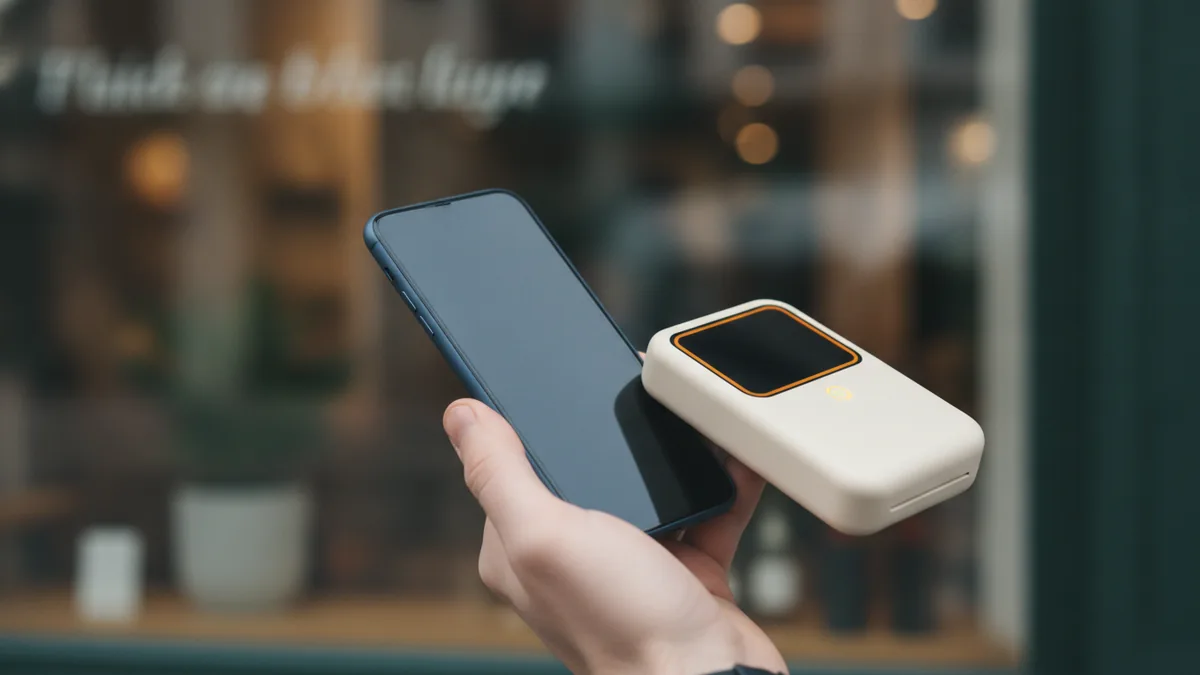 Cashless commerce in action Smartphone and payment terminal setup for cashless payments