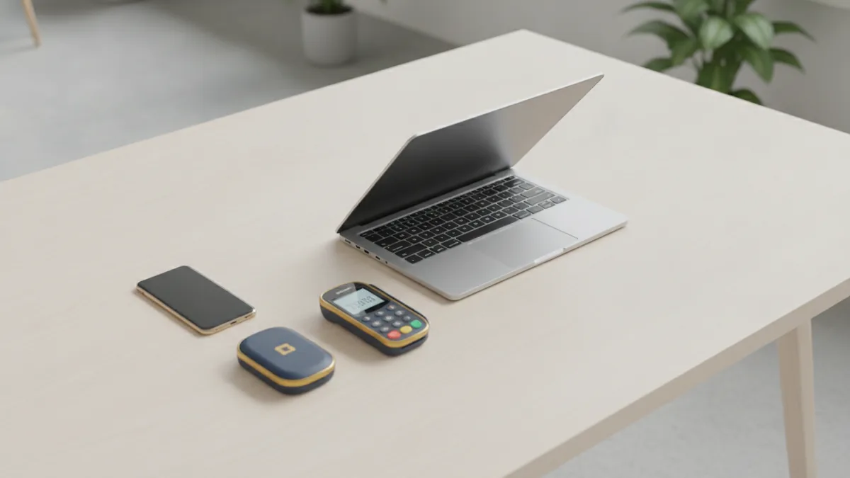 Multiple payment rails Devices on a desk representing several electronic payment options