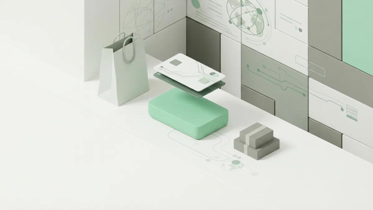 From card tap to approved payment Contactless card payment beside a merchant terminal and shopping bag
