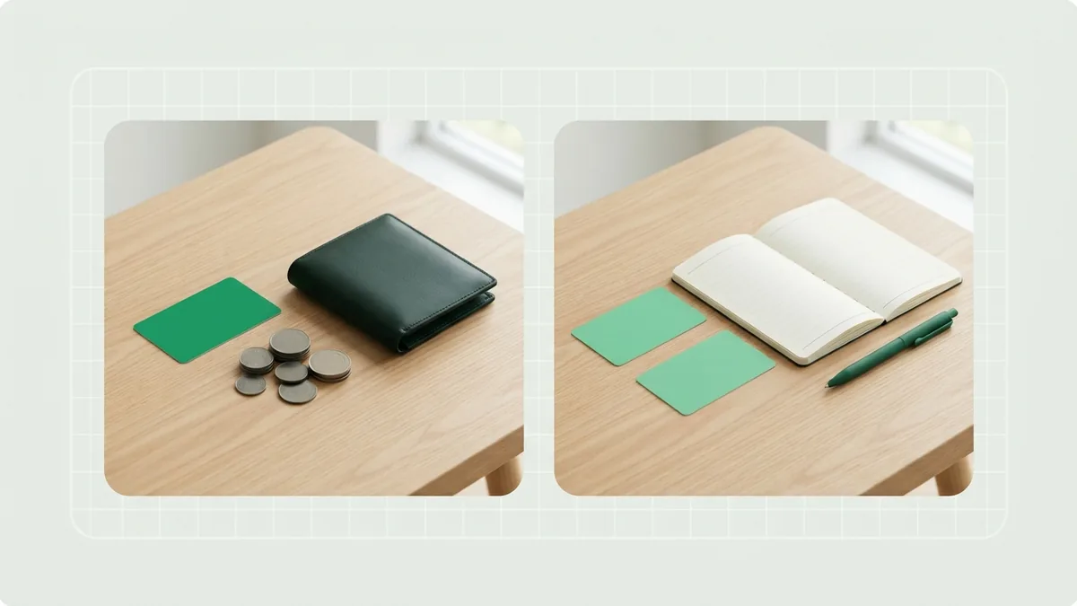 Credit card and debit card beside coins and a bank account ledger