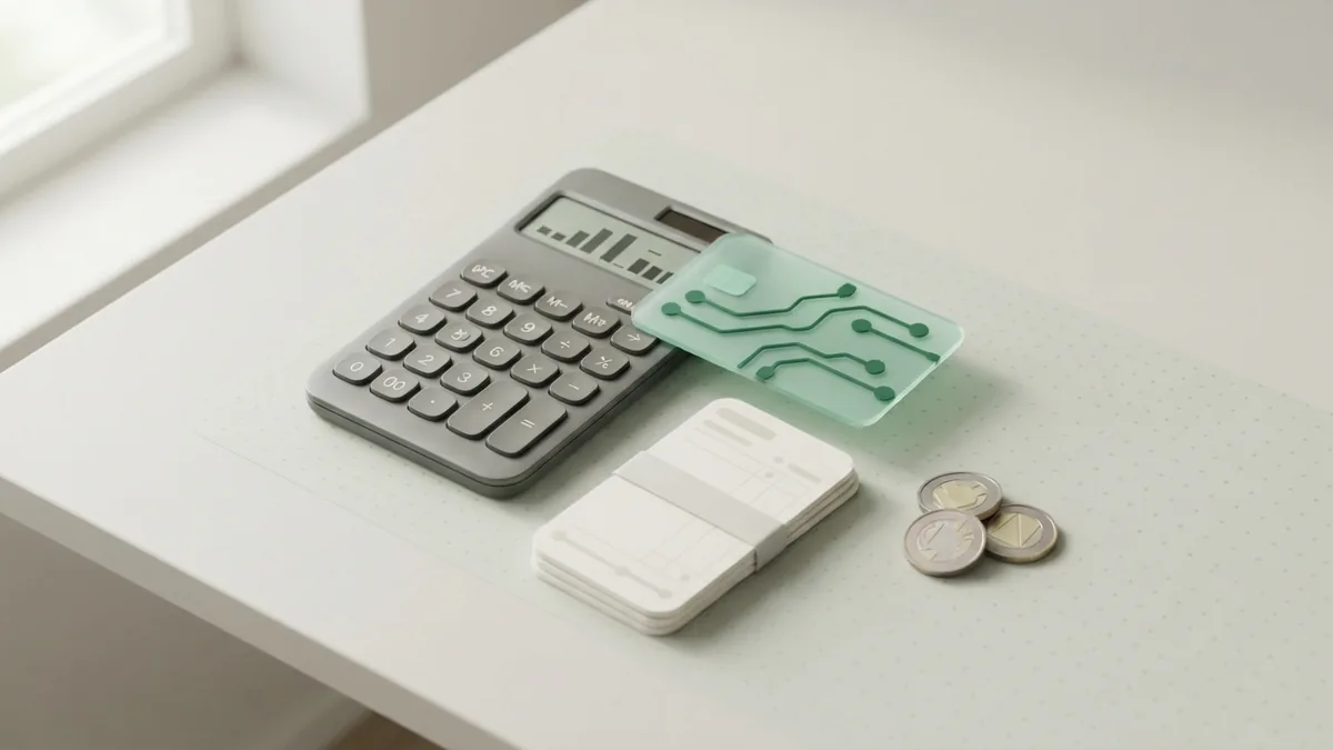 Credit card, calculator, and monthly bill arranged for cost planning