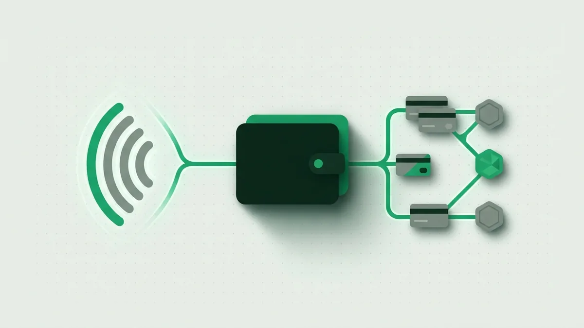 Abstract wallet form and contactless payment paths with linked green nodes