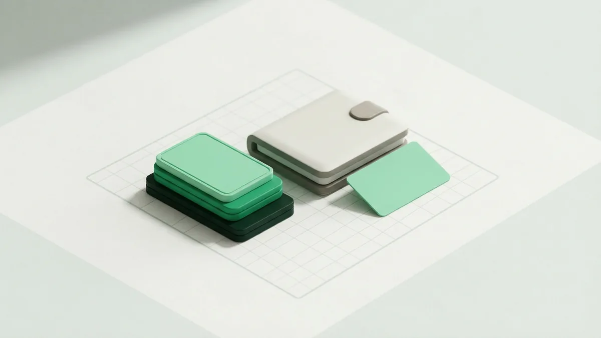 Secure payment method forms Abstract secure payment methods shown as tokens, wallet form, and virtual card shape