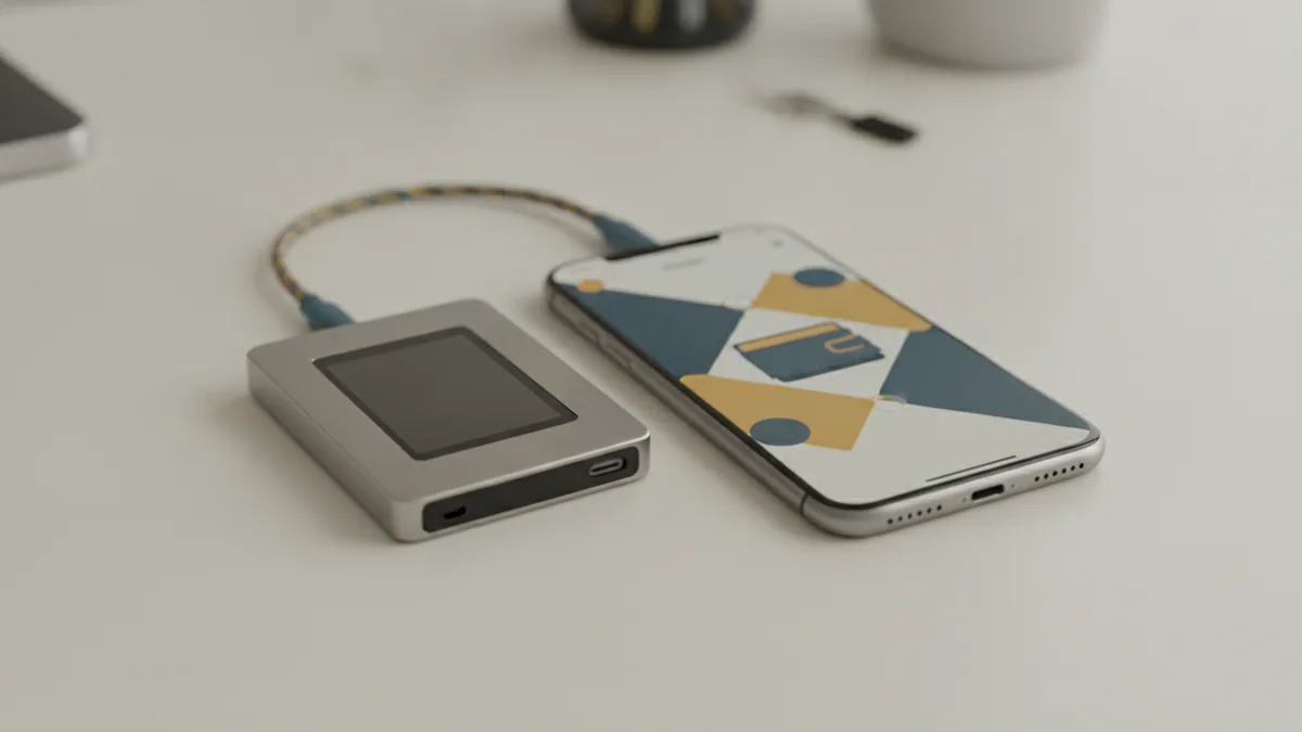 Wallet choice and setup Hardware wallet next to a phone for managing a cryptocurrency wallet