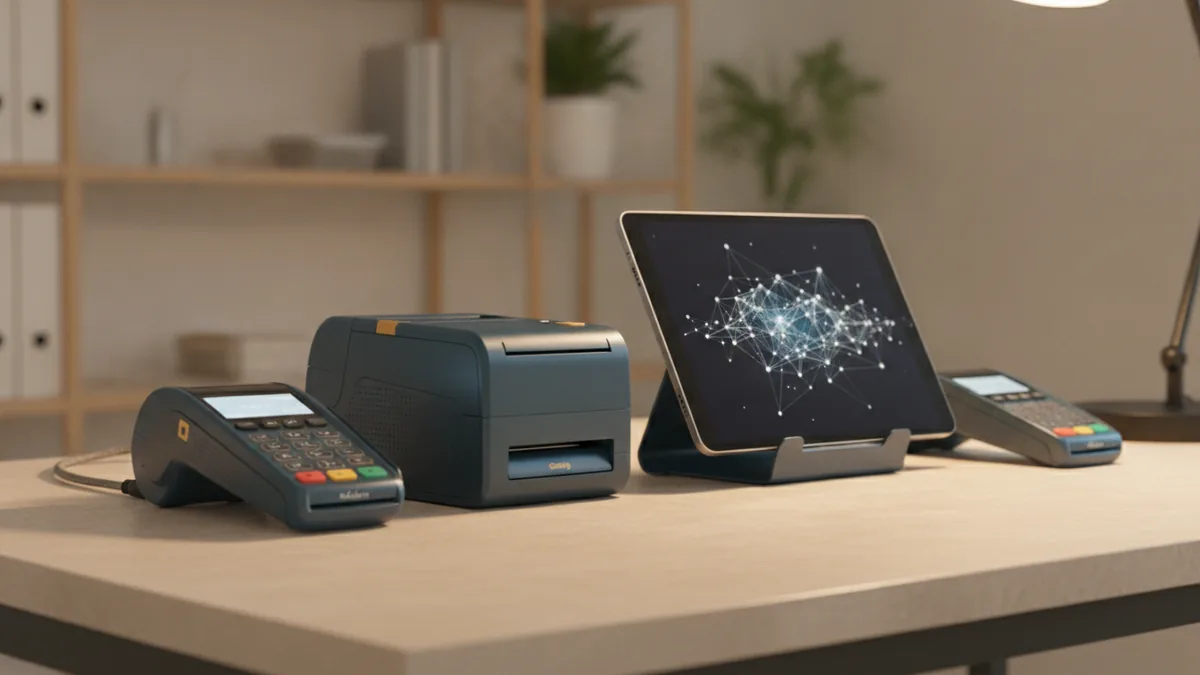 Payment roles and workflow overview Payment devices and tablets arranged to illustrate payment flow and processing