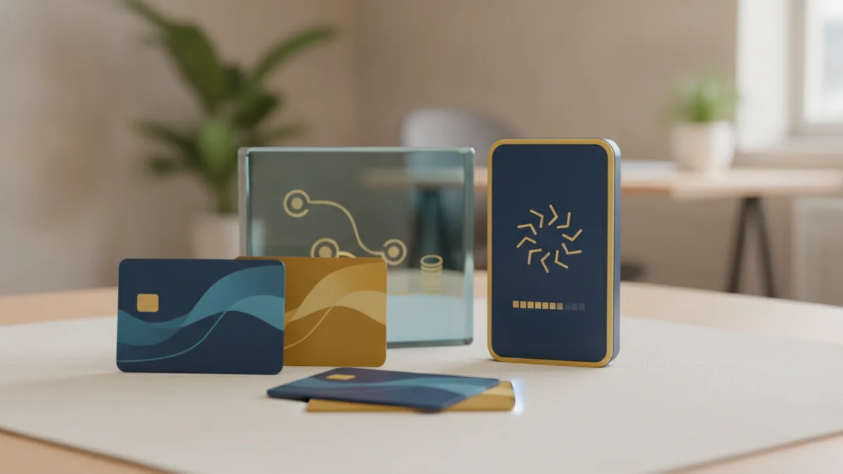 A tabletop scene representing multiple ways to pay online for e-commerce