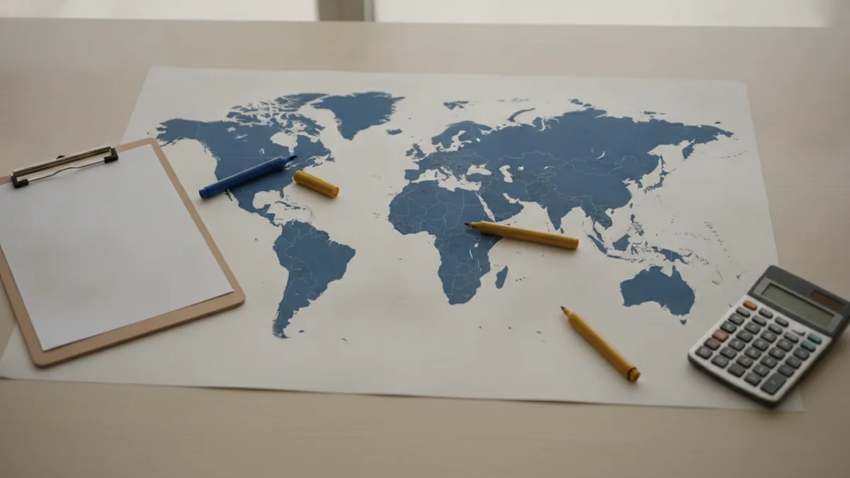 International banking context World map with markers and simple tools to suggest international banking routing