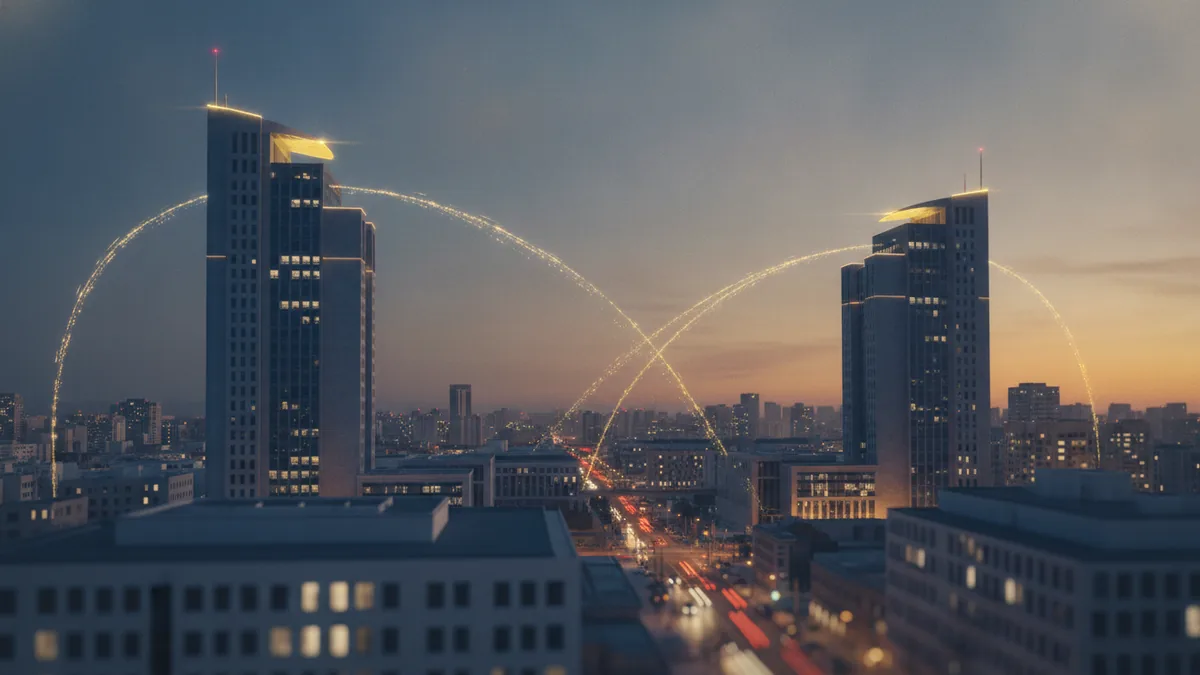 Purpose of IBAN in routing Cityscape with banks connected by light trails to depict cross-border transfers