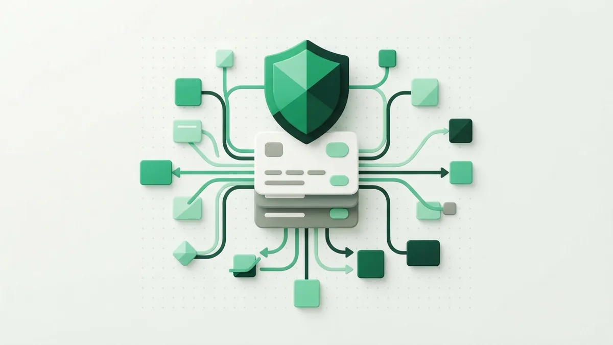 Abstract issuing bank controls with account layers, shield form, and payment nodes