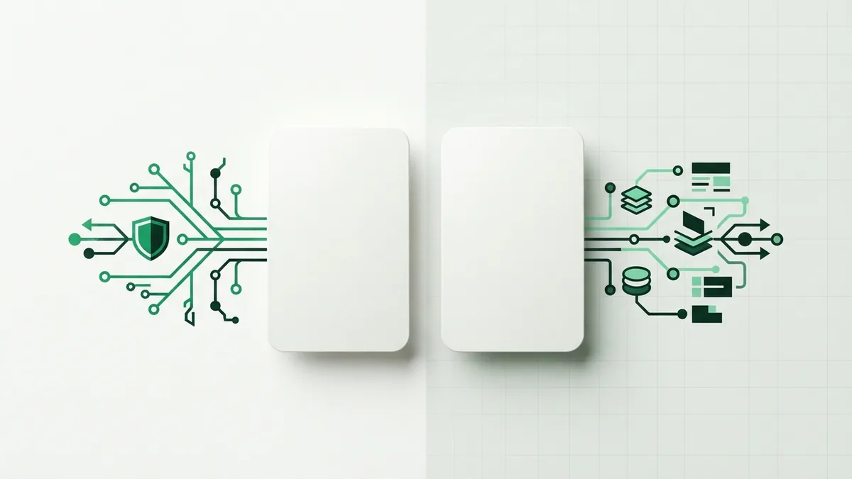 Blank card forms with branching payment paths showing differences between two card networks