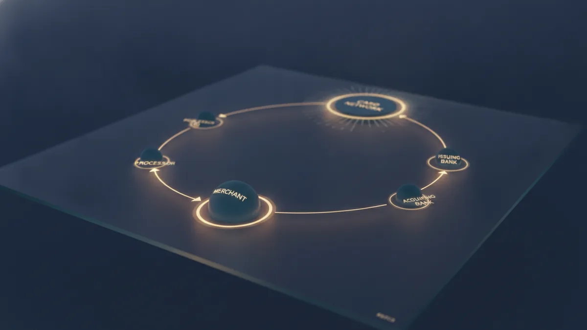 Connected points representing processor and bank roles in card payments