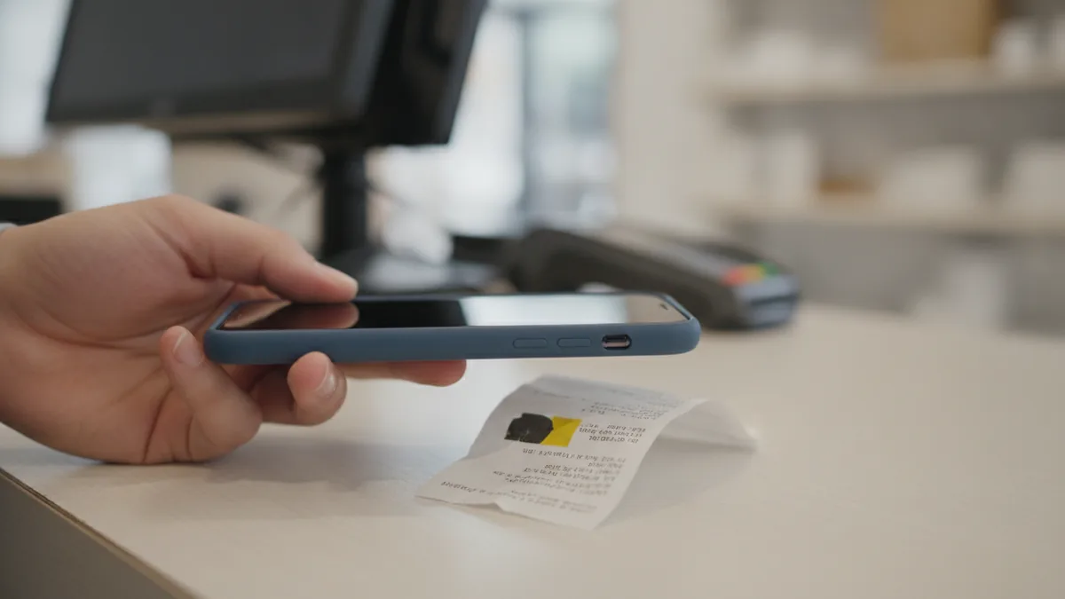 Checking a payment update Customer checking transaction updates on a phone near a receipt