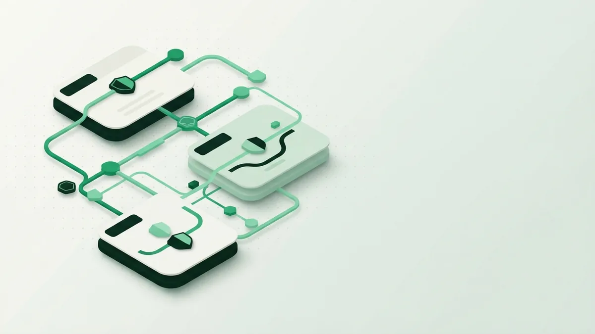 Abstract checkout flow with linked cards and emerald routing nodes on a sage field