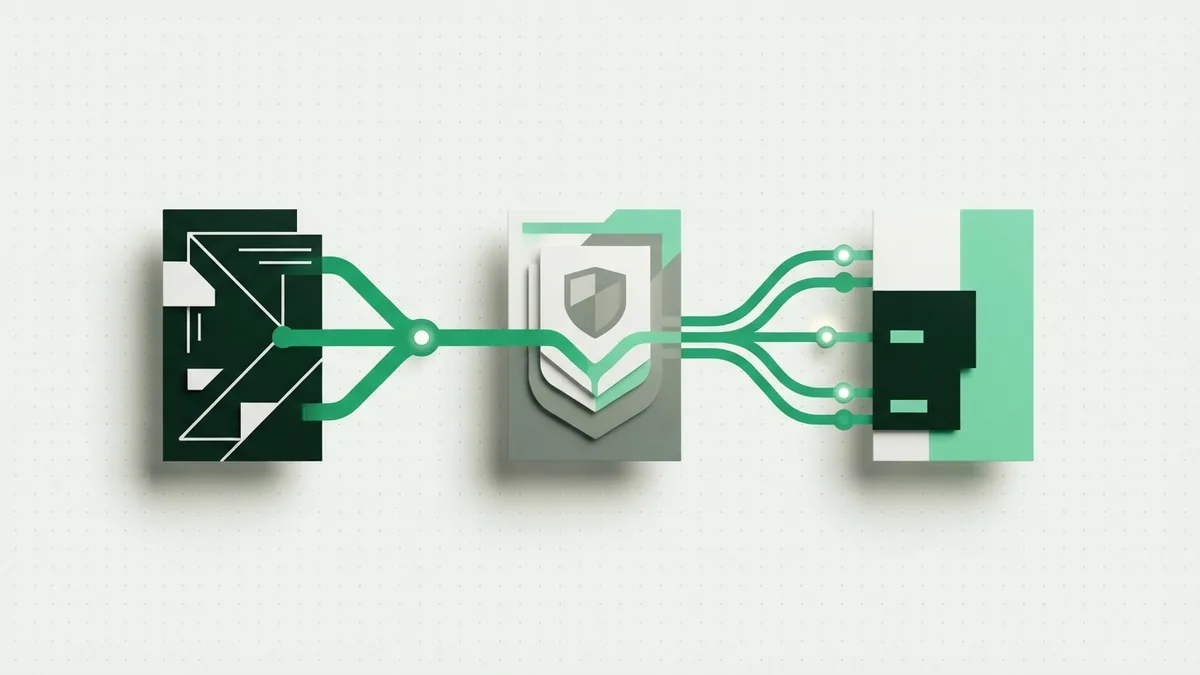Layered abstract cards connected through a three-stage payment flow
