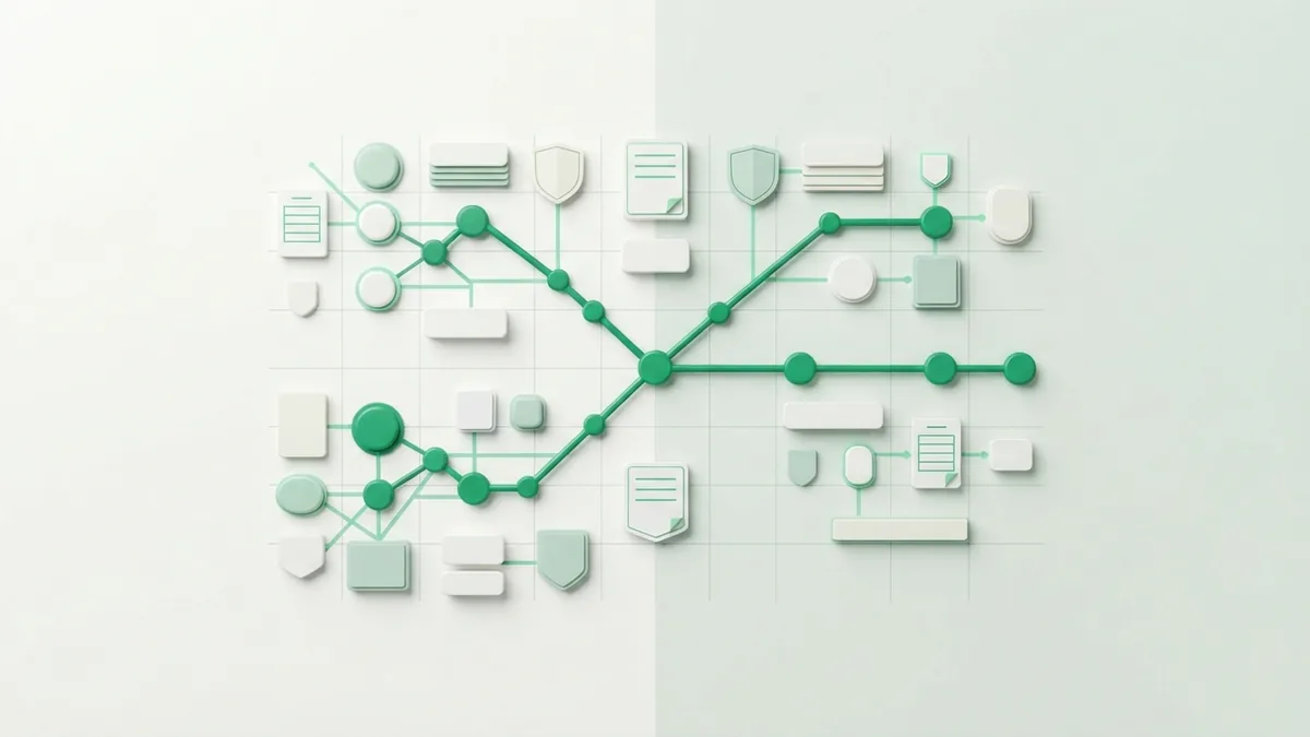 Abstract network graph showing linked payment paths and a shared waiting node