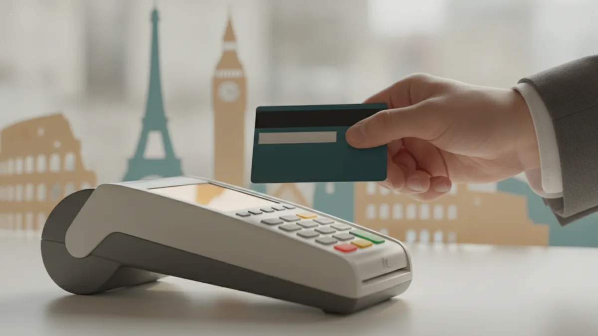 Person initiating a cashless euro payment at a bank terminal