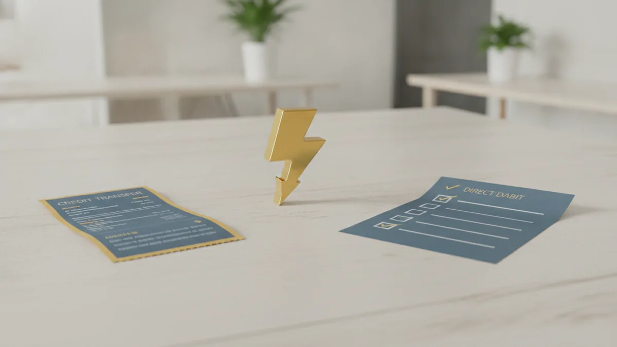 SEPA payment types Desk scene illustrating different euro payment methods