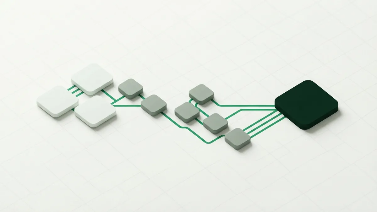 Layered payment stages linked by emerald routing paths and settlement nodes