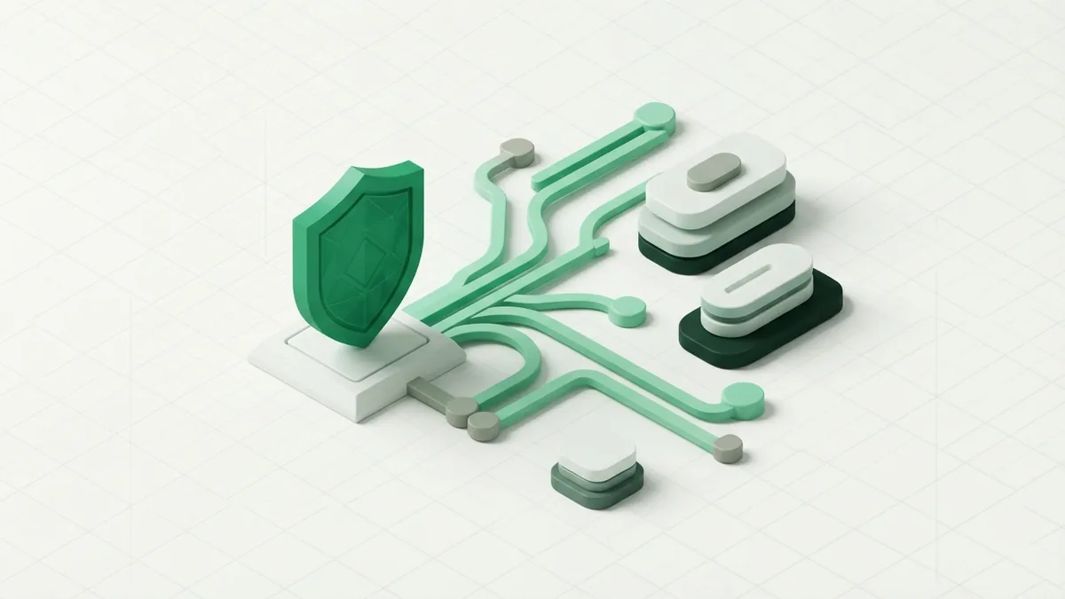 Abstract payment verification shield with connected risk paths and data blocks