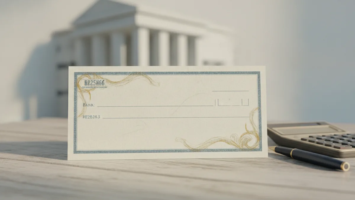 Traditional payment instruments Cheque and writing tools on a desk, representing traditional payments.