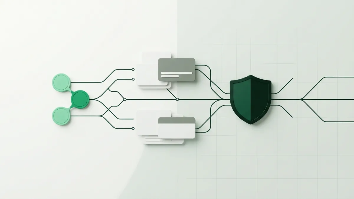 Abstract payment repair path Abstract payment repair path with shield and connected tokens in green tones