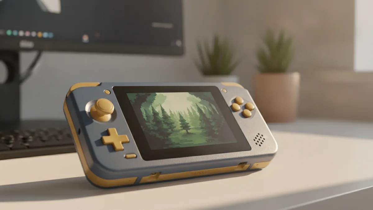 Handheld console scene representing Nintendo 3DS with 3D depth effect