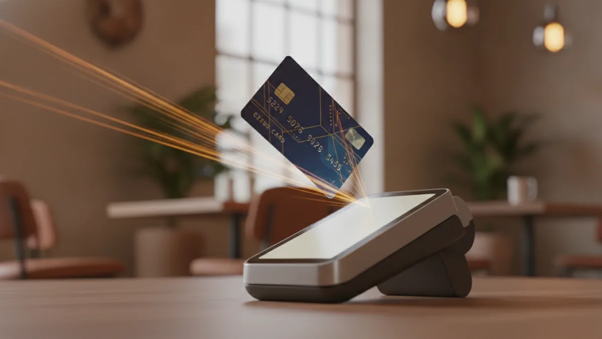 Tap payment with a credit card at a terminal showing the approval flow