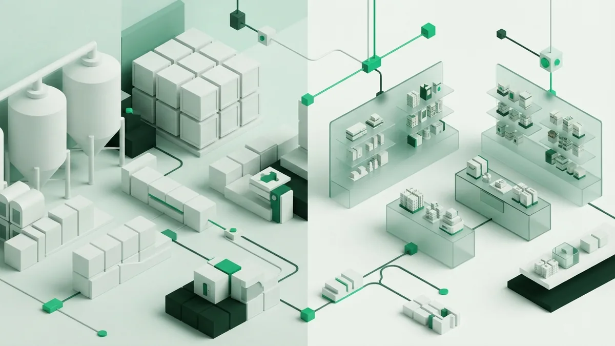 Bulk warehouse goods beside products arranged in a retail shop