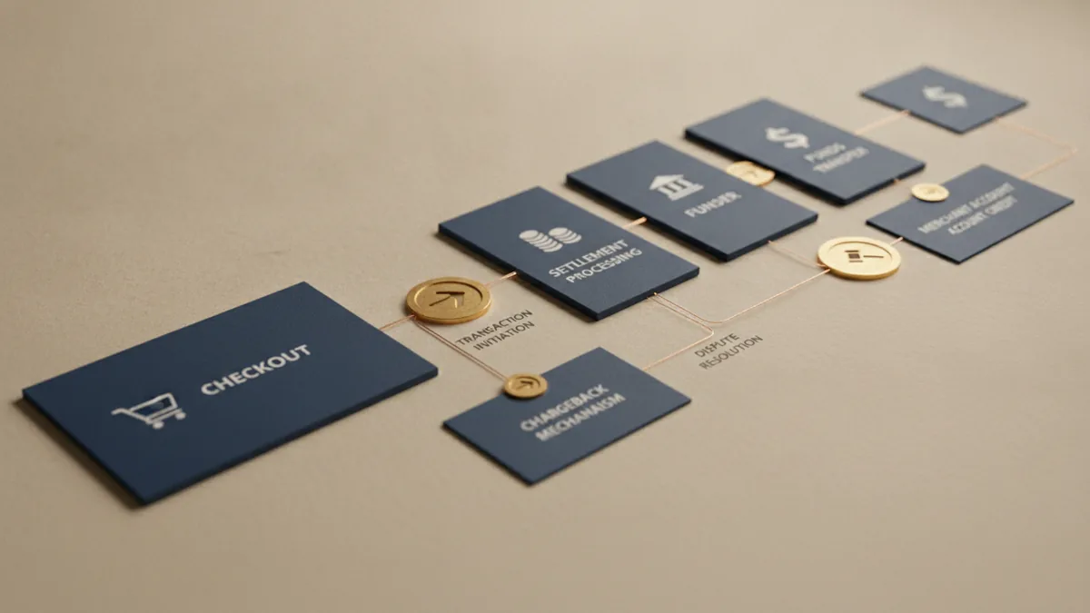 Layered tokens and cards show payment flow, settlement, and dispute handoffs