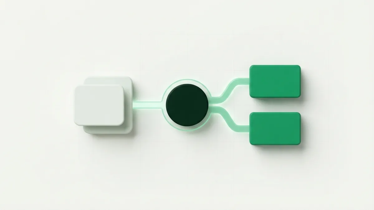 Parts of a card payment route Abstract linked blocks representing the merchant, payment tools, card network, and issuing bank