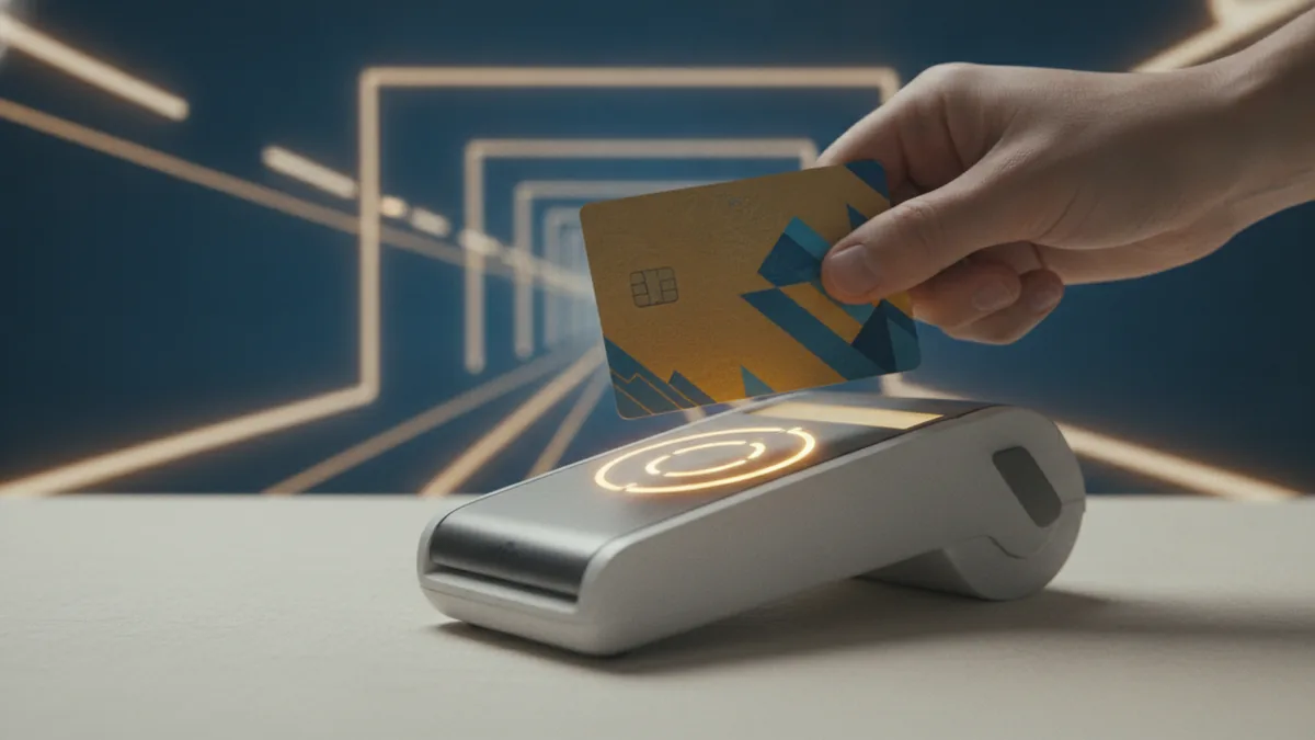 Secure checkout starts Card being presented at a terminal with a secure light effect